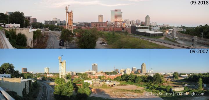 View of the Raleigh Skyline in September 2007 and September 2018.