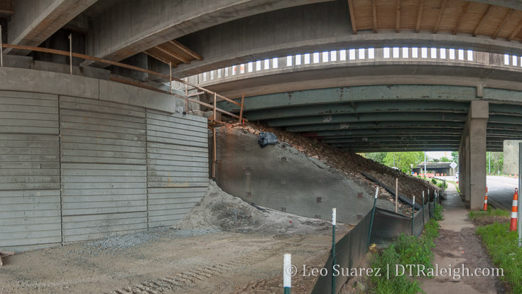 On the left, the new Capital Boulevard bridge under construction. Center-right is the old bridge. April 2018.