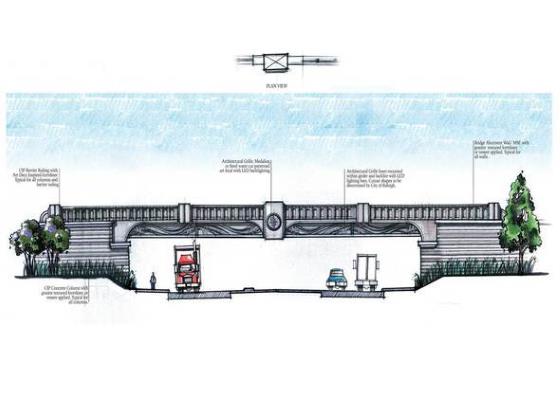 Rendering of the bridge going over Peace Street without columns