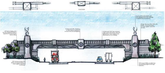 Rendering of the bridge going over Peace Street with columns