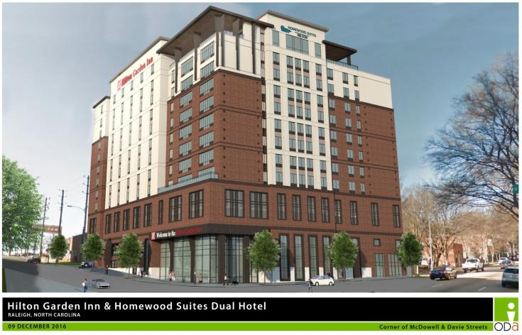 Rendering of Dual Brand Hilton Garden, corner of McDowell and Davie Streets