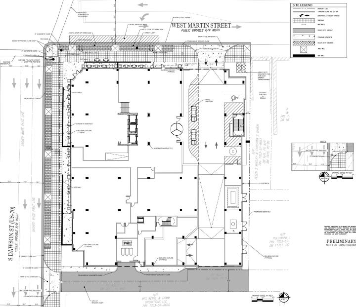 Preliminary site plans for a hotel across from Nash Square on Martin Street.