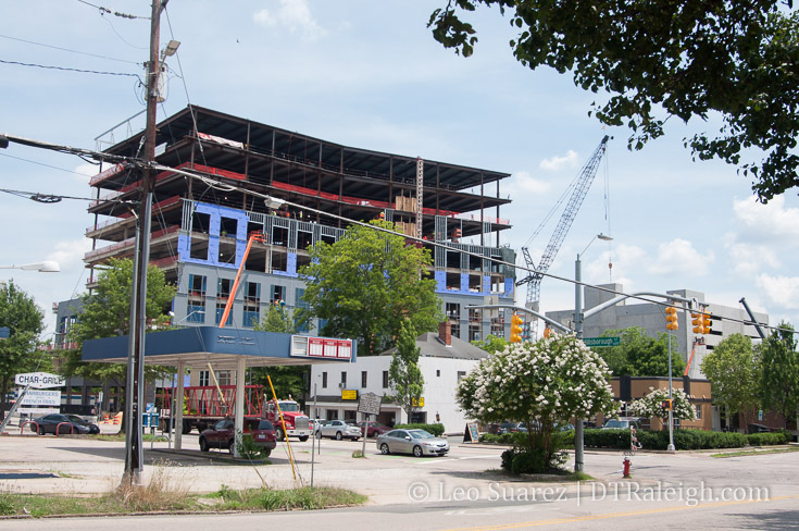 Hillsborough Street with One Glenwood tower under construction. June 2018.