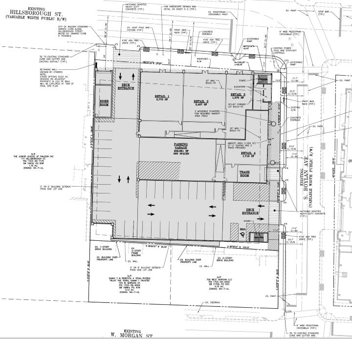 SIte plan of the Bloc 83 parking deck along the 700 block of Hillsborough Street.