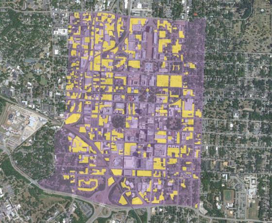 Yellow indicates surface parking in downtown Raleigh. Data is dated 2011.