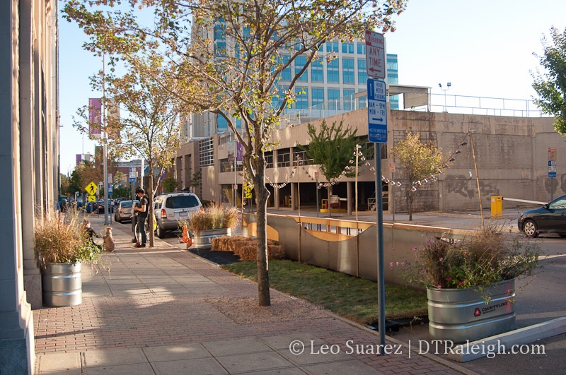 Raleigh's first parklet at Salisbury and Hargett Street.