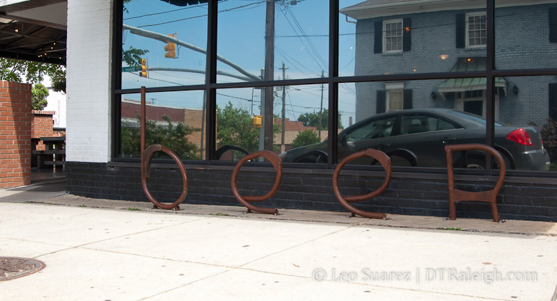 Bicycle racks outside of The Flying Saucer on Morgan Street.