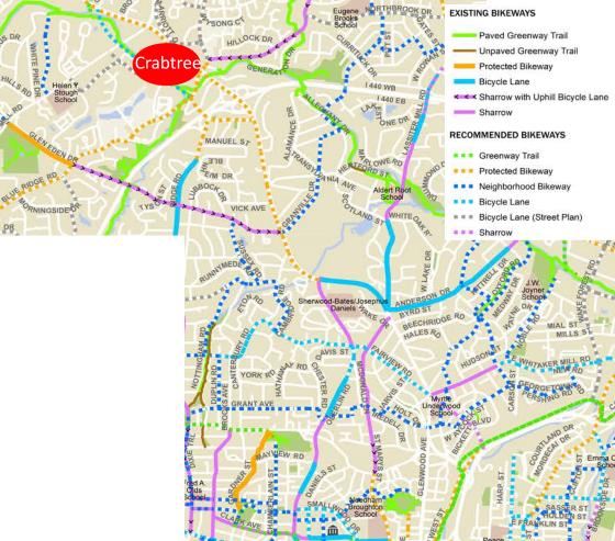 Recommended route to Five Points from downtown Raleigh