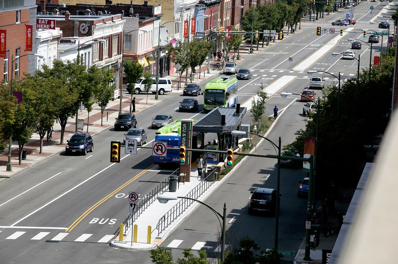 photo of a street in Richmond with their Pulse BRT bus